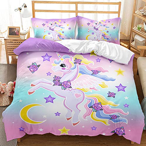 YIUA Ropa de cama con diseño de unicornio, de unicornio para niñas, funda de edredón con 1/2 fundas de almohada (135 x 200 cm)