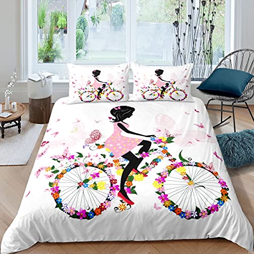 Juego de cama de 220 x 240 cm, diseño de mariposas rosas de flores de colores, funda de edredón para niña de bicicleta, decoración de habitación romántica, 3 unidades con 2 fundas de almohada