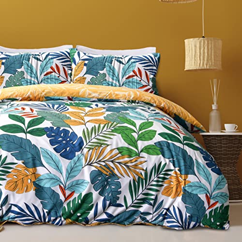 Sleepdown Juego de Funda de edredón Reversible con diseño Floral de Palmeras Tropicales, Multicolor Brillante, Color Ocre Suave, de fácil Cuidado, con Fundas de Almohada, tamaño King (230 x 220 cm)