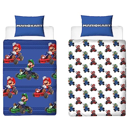 Juego Ropa de Cama 90cm Super Mario Bros: Mario y Luigi Kart Funda Reversible para Nórdico y Funda de Cojín