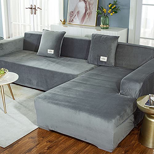 JHLD Terciopelo Elástica Funda Sofa Chaise Longue, 2 Piece Funda para Sofá En Forma De L con 2 Fundas De Almohada Súper Suave Funda De Sofá para Sala Mascotas-Gris Claro-3 Plazas+3 Plazas