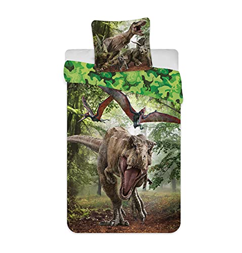 Jurassic World - Juego de cama infantil, funda nórdica de 140 x 200 cm y funda de almohada de 65 x 65 cm, poliéster, diseño de dinosaurios