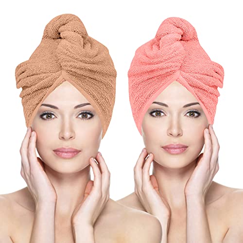 Glamza Toalla de microfibra para el cabello con turbante de giro súper absorbente con botones para cabello de secado rápido (paquete de 2 unidades, grande), rosa y nude)