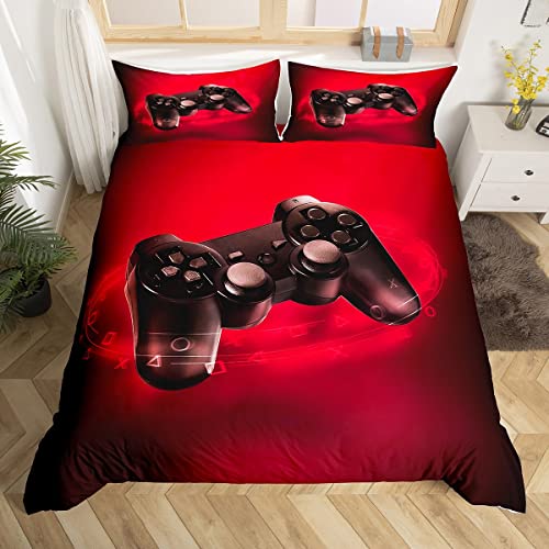 Tbrand Funda de edredón para niños, tamaño doble, moderna, funda de edredón retro para videojuegos, juego de ropa de cama para sala de estar, color negro y rojo