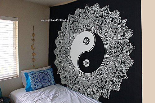 Tapiz Raajsee de algodón indio con diseño de mandala color negra y blanca para colgar en la pared, 220 x 230 cm, algodón, Yin Yang, 220*240