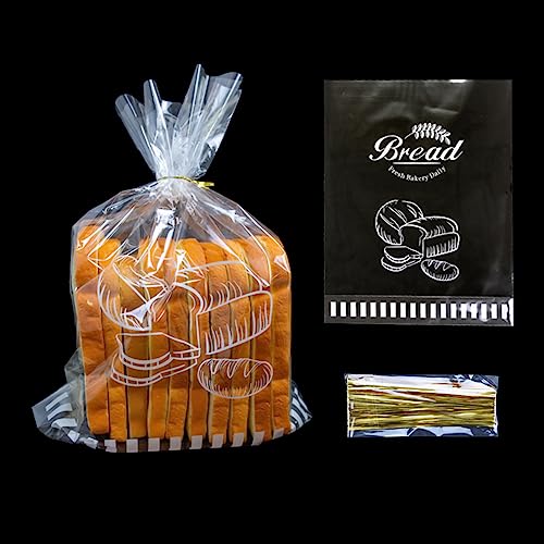 Lesibag 100 bolsas de pan con refuerzo inferior de 11 x 14 pulgadas con lazos, bolsas de celofán impresas transparentes para pan casero o panadería