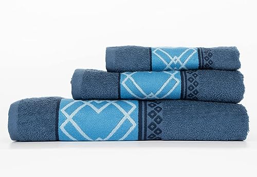 Energy Colors Textil - Hogar - Cenefa Turca - Juego de Toalla 3 Piezas 100% Algodón de 500 Gramos (Azul)