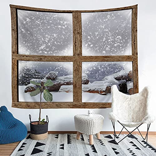 Tapiz de invierno de Navidad para colgar en la pared para niños y niñas con nieve Woodsy marco de vista de ventana Tapiz de pared blanco nevado y caqui arte de la pared para dormitorio, sala de estar
