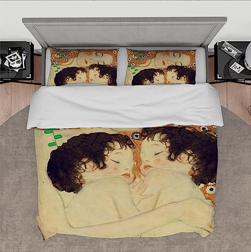 Pintura Famosa Funda de edredón Set 3 Piezas Klimt's Relación Madre-Hijo Juego de Cama de Microfibra Suave para Dormitorio con 2 Almohadas Shams 220x220cm