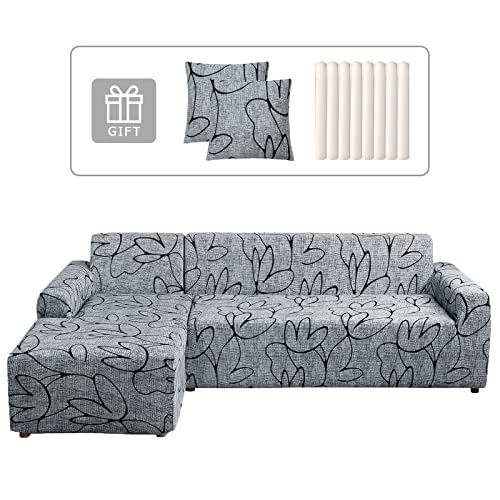 Lydevo Funda para Sofá Chaise Longue 2 Piezas Funda Cubre Sofá de Sofá Rinconera Forma de L Reversible con 2 Fundas de Almohada Elásticas Protector para Sofá Esquinero Derecho Izquierda,Flor Gris