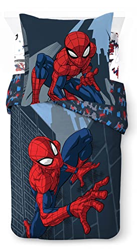 Marvel Spiderman City Streets 100% algodón, juego de cama de 3 piezas, 135 x 200 cm, funda nórdica y sábana bajera de 90 x 200 cm y funda de almohada de 80 x 80 cm