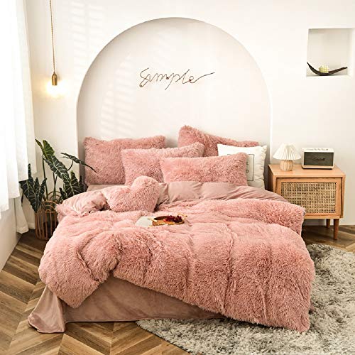 CoutureBridal Juego de ropa de cama, 155 x 220 cm, color rosa, funda nórdica de pelos largos de franela con cremallera y funda de almohada 80x80 cm