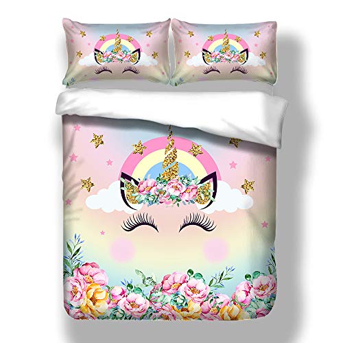 Juego de funda nórdica de unicornio rosa, lindas pestañas de unicornio, ropa de cama de 135 x 200 cm, diseño de unicornio con 2 fundas de almohada (135 x 200 cm, ojo)