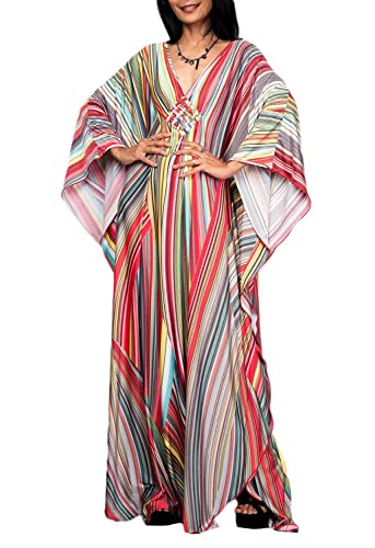JFAN Caftan Vestido de Playa Mujer Largo Kaftan Vestidos Scollo a V Talla Grande Kimono de Verano Maxi Pareo para Mujer(Rayas Arco Iris,Talla única)