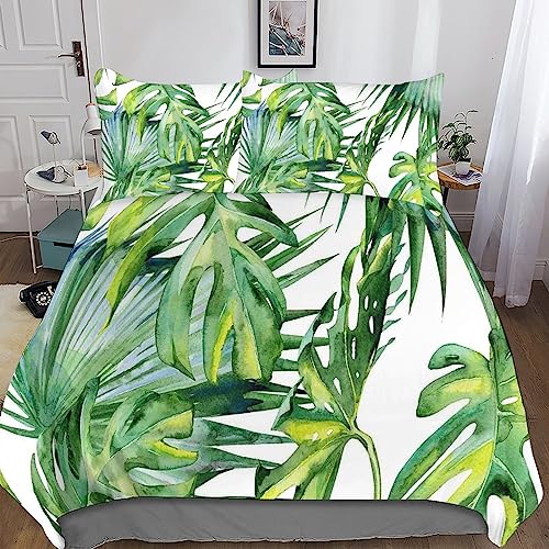 Palm Leaf Juego De Funda De Botanical Theme 3D Estampado De Cama Juego De Funda De Edredón Funda De Edredón para Mujeres Y Hombres De Cama De Microfibra Funda Double（200x200cm）
