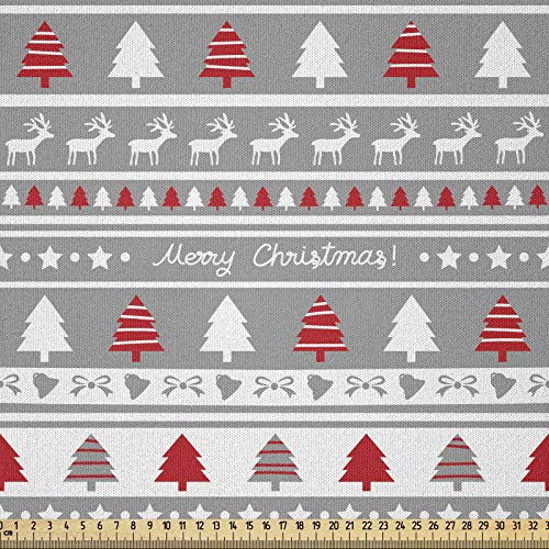 ABAKUHAUS Navidad Tela por Metro, Ciervos Árboles Fronteras, Microfibra Decorativa para Artes y Manualidades, 2M (230x200cm), Gris Blanco Y Rojo