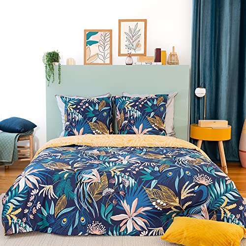 CÔTE DECO Juego de funda nórdica de 260 x 240 cm y 2 fundas de almohada de 63 x 63 cm, diseño de hojas tropicales 100% algodón suavizado azul (260 x 240 cm)