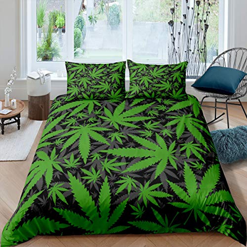 Tbrand Marihuana,Juego de ropa de cama de 135x200 cm, diseño de hojas de cannabis, color verde y gris, con ramas botánicas, jóvenes, con 1 almohada Shams Marihuana Weed hojas