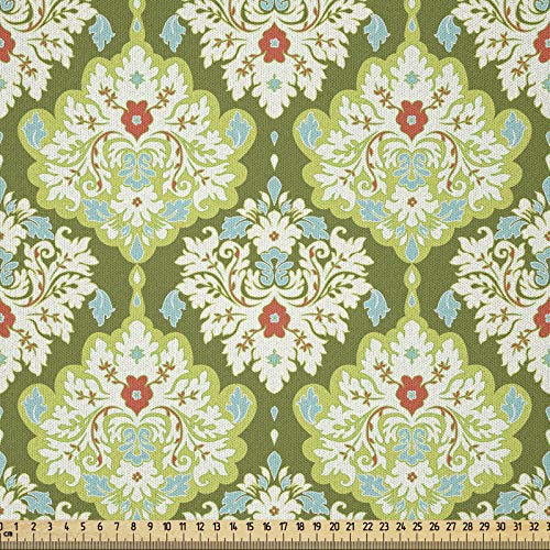 ABAKUHAUS Shabby Chic Tela por Metro, Estilo Victoriano Barroco Figuras Florales Inspiración Rococó Diseño Estampa, Microfibra Decorativa para Artes y Manualidades, 3M (230x300cm), Verde