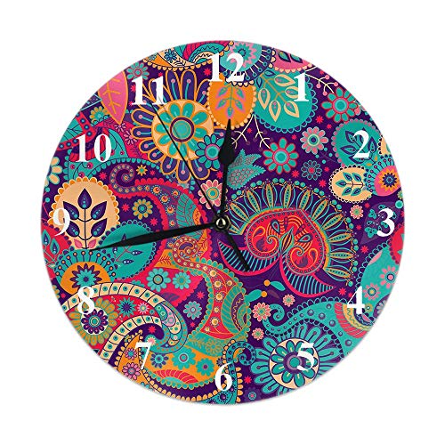 QQIAEJIA Flores Coloridas Reloj de Pared Exótico Rizado Étnico Fantástico Floral Colorido Artístico Relojes Redondos Decorativo de Pared Silencioso Sin tictac 10 Pulgadas 25 cm PVC Rústico Moderno pa