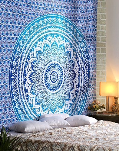 RAJRANG BRINGING RAJASTHAN TO YOU Indio Tapestry - Mandala Wall Hanging Tapiz Grande Bohemio Tapices Etnico Hipie Wall Decorativo - Azul - 228 x 213 cm