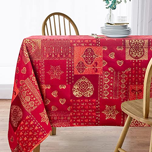 Viste tu hogar Mantel Navidad Hilo Dorado, 140x140 CM, Especial para Decoración Navideña, Diseño Corazones, Ideal para Navidad, Cenas Familiares, etc, Color Rojo, Fabricado en España