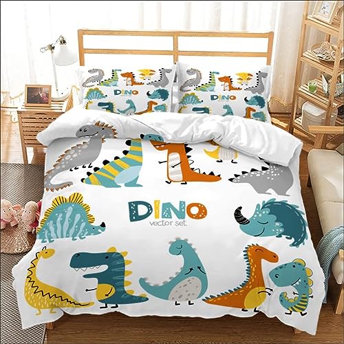 JUNL Juego de cama infantil de 135 x 200 cm, funda nórdica de dinosaurios, con estampado de animales de dibujos animados (135 x 200 cm)