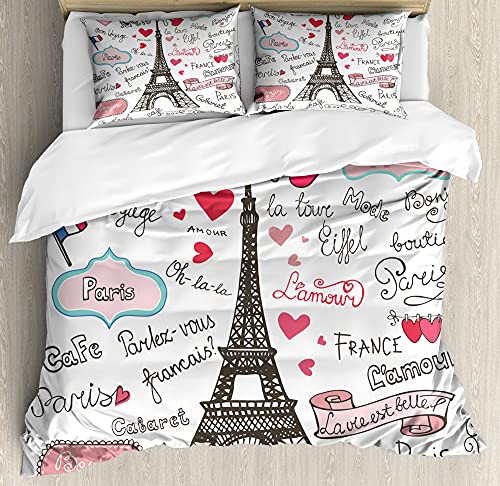 ABAKUHAUS Torre Eiffel Funda Nórdica, París Heart Letter, 2 Fundas para Almohada Set Decorativo de 3 Piezas, 264 x 220 cm - 90 x 50 cm, Rosa Blanco Negro