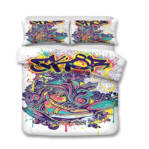 CHAOSE Juego de Sábanas Serie de Graffiti Pintada Cráneo 3D Funda Nórdica de Algodón y poliéster 2 Piezas (1 Funda Nórdica + 1 Funda de Almohada) (Graffiti a color, (150x200cm+1/75x50cm) - Cama de 90)