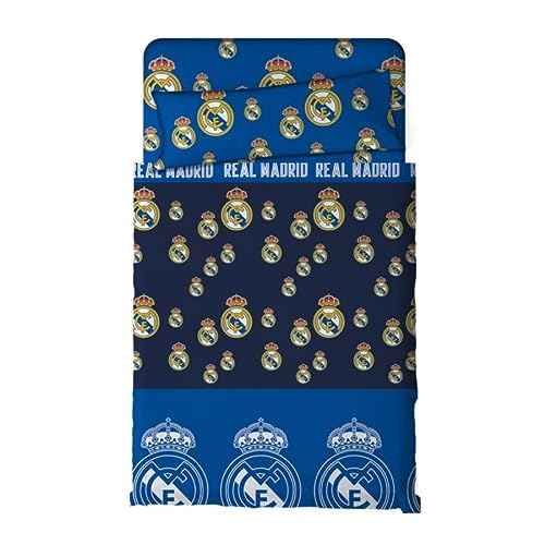 Juego de Sábanas Coralina Real Madrid 90-105 Cm, 3 Piezas (1 Sábana Encimera, 1 Funda de Almohada y 1 Sábana Bajera), Diseño con Escudos del Real Madrid Azul. (90 cm)