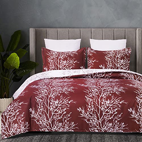 YEPINS Ropa de cama de 135 x 200 cm, diseño de ramas, color rojo y blanco, 2 piezas, funda nórdica de microfibra con cremallera oculta y funda de almohada de 80 x 80 cm