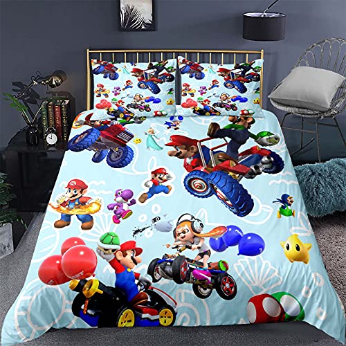 Super Mario Bros - Juego de ropa de cama infantil (135 x 200 cm, con cremallera, 1 funda nórdica y 2 fundas de almohada (Mario1,135 x 200 cm + 80 x 80 cm x 2)