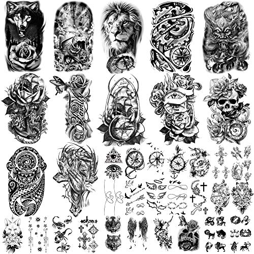 Yazhiji 36 hojas de pegatinas de tatuajes temporales, 12 hojas de tatuajes falsos de cuerpo, brazo, pecho, hombro, para hombres o mujeres con 24 hojas de tatuajes temporales negros diminutos.