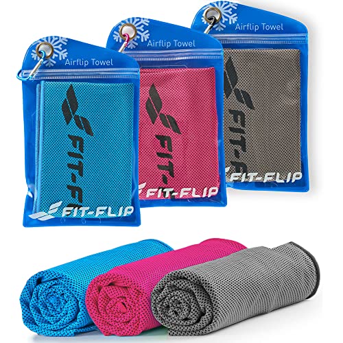Fit-Flip Toalla de enfriamiento Set de 3 Unidades 100 x 30 cm, Toalla de Microfibra refrescante, Toalla fría, Airflip Cooling Towel, Toalla de Microfibra – Color: Azul/Rosa/Gris, tamaño: 100x30cm