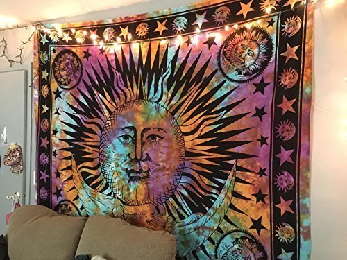THE ART BOX Sol Luna Estrella Hippie Mandala Anudado Teñido Grande Tapiz Arcoiris - 215x230 cm Aesthetic Indio Algodón Toalla Pared Colgar Manta Psychedelic Dormitorio Tapices