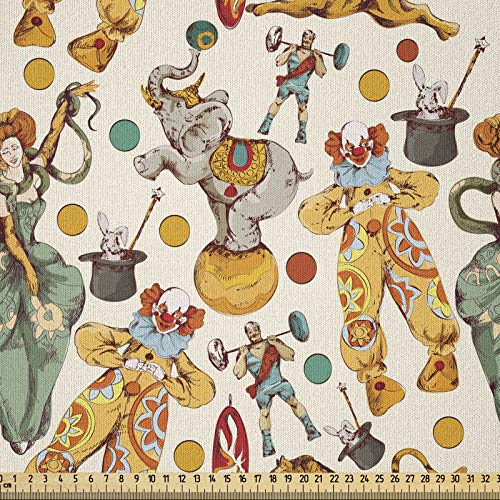 ABAKUHAUS Vendimia Tela por Metro, Doodle de circo y payaso, Microfibra Decorativa para Artes y Manualidades, 2M (230x200cm), Multicolor