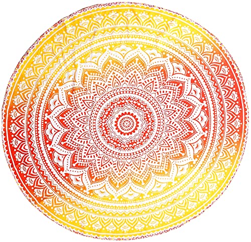 raajsee Tela Redonda de Mandala Estilo Hippie, diseño Indio Bohemio, como Colcha, Tapiz Decorativo, Mantel o Toalla de Playa, para meditación y Yoga, 175 cm, algodón, Naranja, 70 Inch