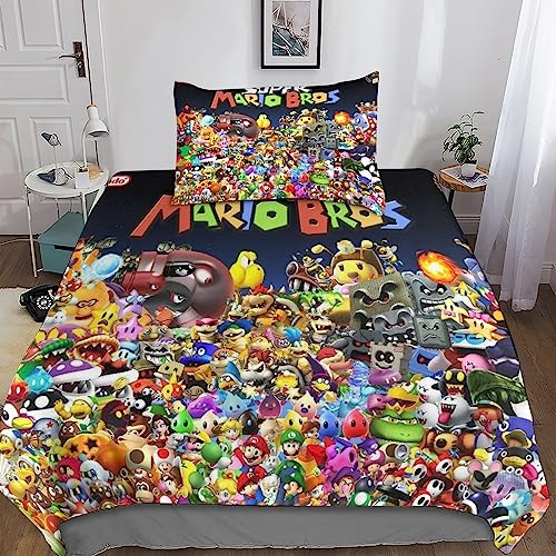 Super-Mario-Bros Juego De Sábanas Y Fundas Nórdicas Impresas En 3D Microfibra Suave, Fundas De Almohada, Cremallera, 2 Piezas，para Niñas, Adolescentes Y Jóvenes Single（135x200cm）