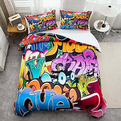 Loussiesd Graffiti Style Juego de ropa de cama para niños, diseño de hip hop, funda de edredón para niños y adolescentes, ilustración juvenil, 135x200 cm, funda nórdica de 2 piezas con cremallera