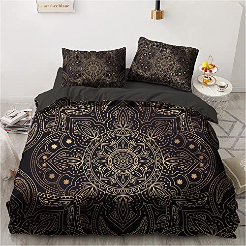 Luowei Juego de ropa de cama Boho de 135 x 200 cm, color negro y dorado, indio, mandala exótica, funda nórdica y 1 funda de almohada de 80 x 80 cm, con cremallera