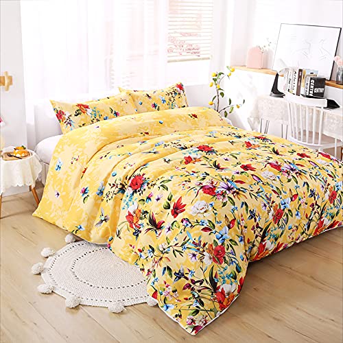 Funda Nordica Multicolor Cama 135/150 con Patrón Floral, Transpirable Funda Edredon 220x240 cm y 2 x Fundas de Almohada de 50x75 cm, Juego de Fundas Nórdicas Navidades Muy Suave - Amarillo