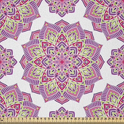 ABAKUHAUS Mandala Púrpura Tela por Metro, Lotus Esencia, Microfibra Decorativa para Artes y Manualidades, 1M (230x100cm), Cal Verde Fucsia Rosa Blanco