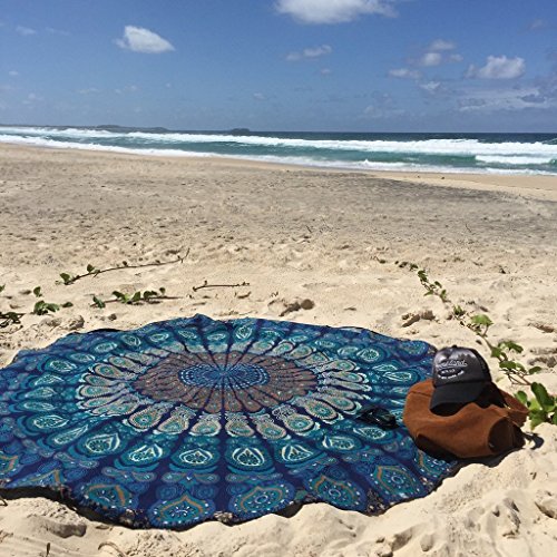 Tela redonda de mandala estilo hippie, cubrecama, 177,8 cm, tela, azul, 70 inch.