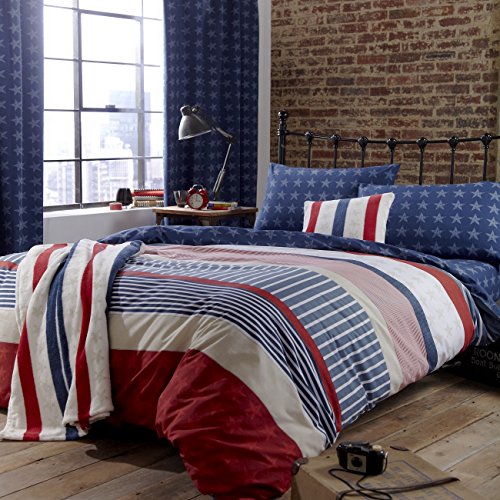 Catherine Lansfield Stars & Stripes - Funda nórdica y funda de almohada cama, 220 x 240 cm, color azul