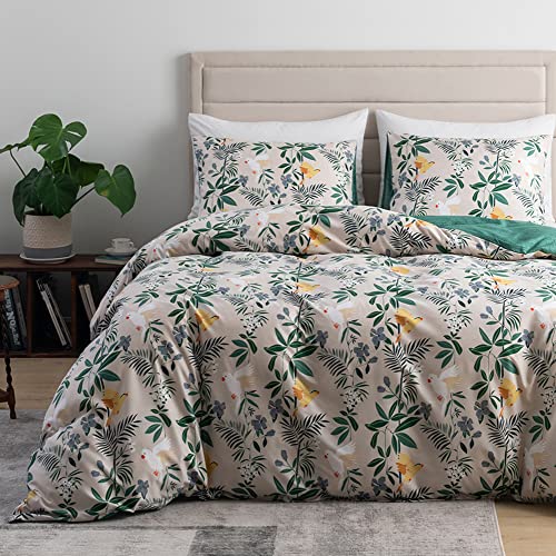 Michorinee - Funda nórdica de 200 x 200 cm, diseño de hojas, color beige y verde, juego de cama botánico con cremallera y 2 fundas de almohada de 65 x 65 cm