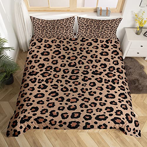 Homemissing Juego de cama de leopardo, marrón, negro, 220x240 cm, juego de lujo estampado de leopardo, funda nórdica africana, estampado de guepardo, diseño de piel sintética, 3 unidades