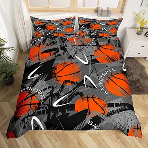 Basketball - Juego de funda de edredón de 220 x 240 cm, diseño de bola 3D, color rojo y gris