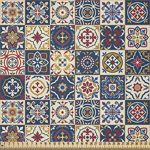 ABAKUHAUS Marroquí Tela por Metro, Portugués Azulejos Con Motivos, Microfibra Decorativa para Artes y Manualidades, 3M (230x300cm), Azul Oscuro Ámbar Rojo