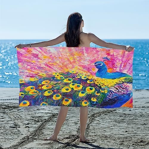 GUYOS Toalla de playa con diseño de pavo real en el estilo de una pintura al óleo, 100% microfibra, secado rápido, sin arena, ligera, grande, toalla de playa para baño, paquete de 2