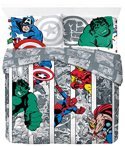 Marvel Avengers Superheroes Comics Juego de Ropa de Cama Infantil 100% Algodón Cama Doble 4 Piezas - Incluye Funda de Edredon 200x200cm + Sábana Bajera 140x200cm+ 2 Fundas de Almohada 50x70cm